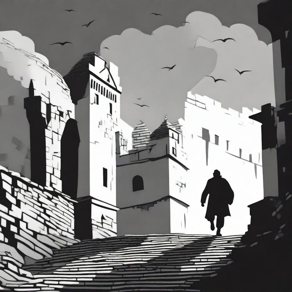 A dark black and white animated scene of the rundown fortress walls in Cluj