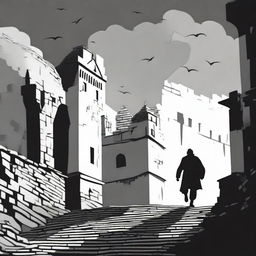 A dark black and white animated scene of the rundown fortress walls in Cluj