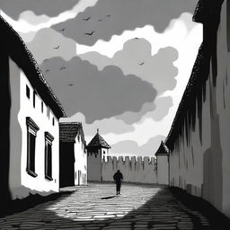 A dark black and white animated scene of the rundown fortress walls in Cluj