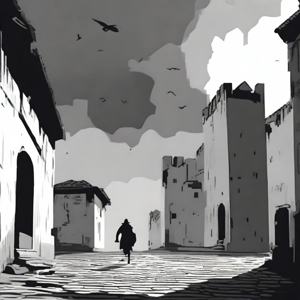 A dark black and white animated scene of the rundown fortress walls in Cluj