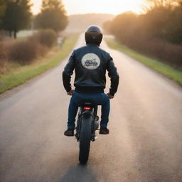 A rear view of a man in a sporty posture, wearing a coach jacket with an image of a Caferacer, riding a Caferacer motorcycle on a tranquil open road surrounded by a relaxing sunrise scenery.