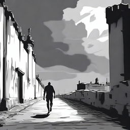 A dark black and white animated scene of the rundown fortress walls in Cluj