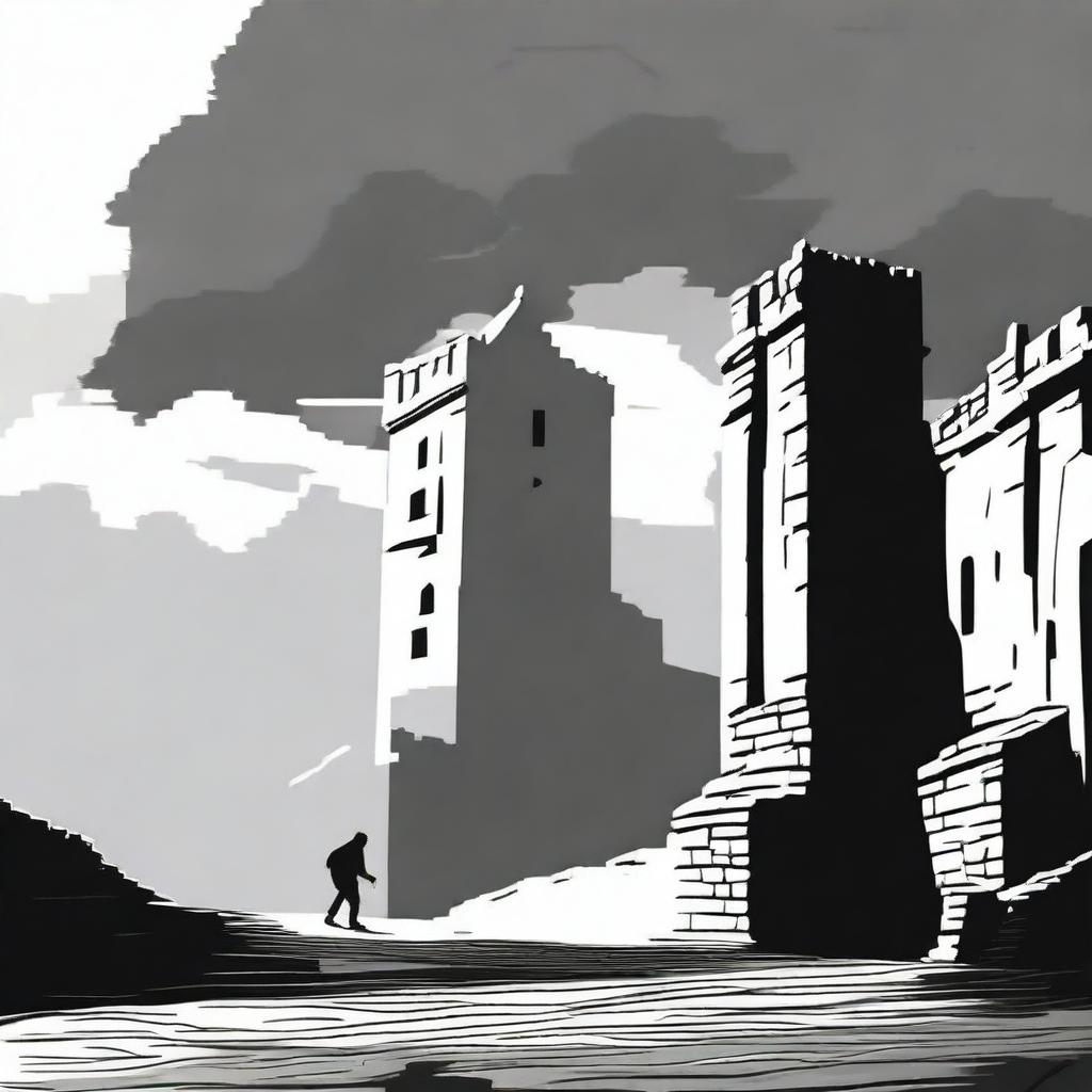 A dark black and white animated scene of the rundown fortress walls in Cluj