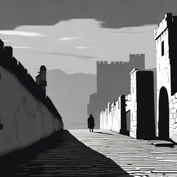 A dark black and white animated scene of the rundown fortress walls in Cluj