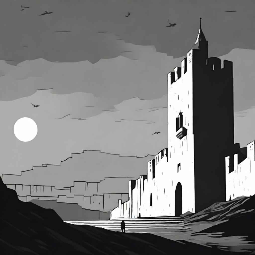 A dark black and white animated scene of the rundown fortress walls in Cluj