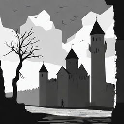 A dark black and white animated scene of the rundown fortress walls in Cluj