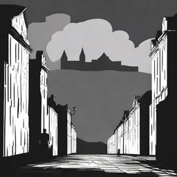 A dark black and white animated scene of the rundown fortress walls in Cluj