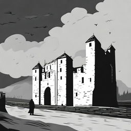 A dark black and white animated scene of the rundown fortress walls in Cluj