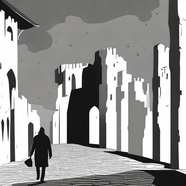 A dark black and white animated scene of the rundown fortress walls in Cluj