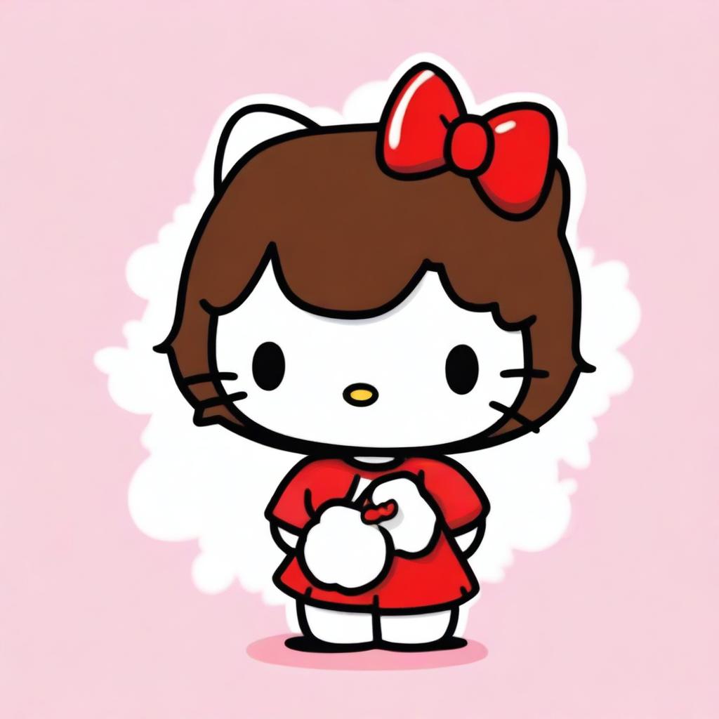 A depiction of Hello Kitty with short brown hair, maintaining her iconic features such as her white fur, red bow, and cute dress