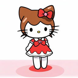 A depiction of Hello Kitty with short brown hair, maintaining her iconic features such as her white fur, red bow, and cute dress