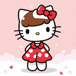 A depiction of Hello Kitty with short brown hair, maintaining her iconic features such as her white fur, red bow, and cute dress