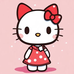 A depiction of Hello Kitty with short brown hair, maintaining her iconic features such as her white fur, red bow, and cute dress