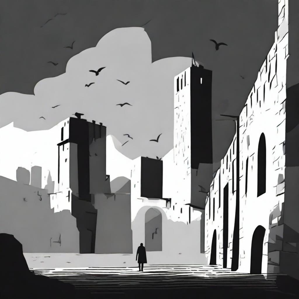 A dark black and white abstract animated scene depicting the rundown fortress walls in Cluj