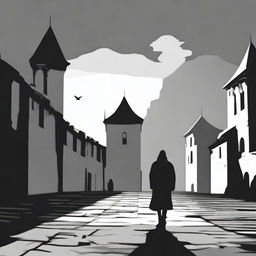 A dark black and white abstract animated scene depicting the rundown fortress walls in Cluj