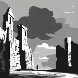 A dark black and white abstract animated scene depicting the rundown fortress walls in Cluj