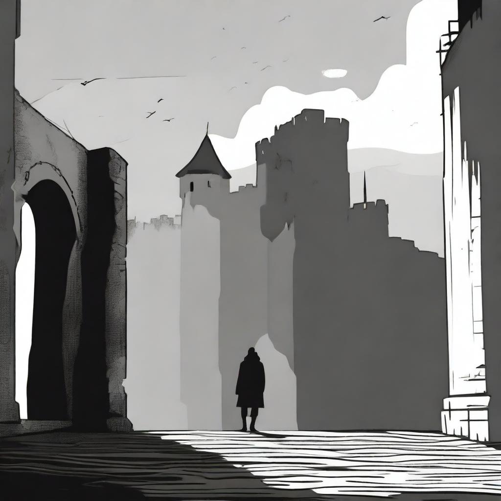 A dark black and white abstract animated scene depicting the rundown fortress walls in Cluj