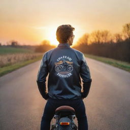 A rear view of a man in a sporty posture, wearing a coach jacket with an image of a Caferacer, riding a Caferacer motorcycle on a tranquil open road surrounded by a relaxing sunrise scenery.