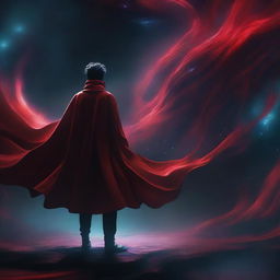 A person wearing a red cape standing in a parallel universe with a mysterious and slightly dark atmosphere