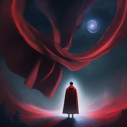 A person wearing a red cape standing in a parallel universe with a mysterious and slightly dark atmosphere