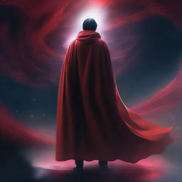 A person wearing a red cape standing in a parallel universe with a mysterious and slightly dark atmosphere