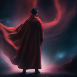 A person wearing a red cape standing in a parallel universe with a mysterious and slightly dark atmosphere