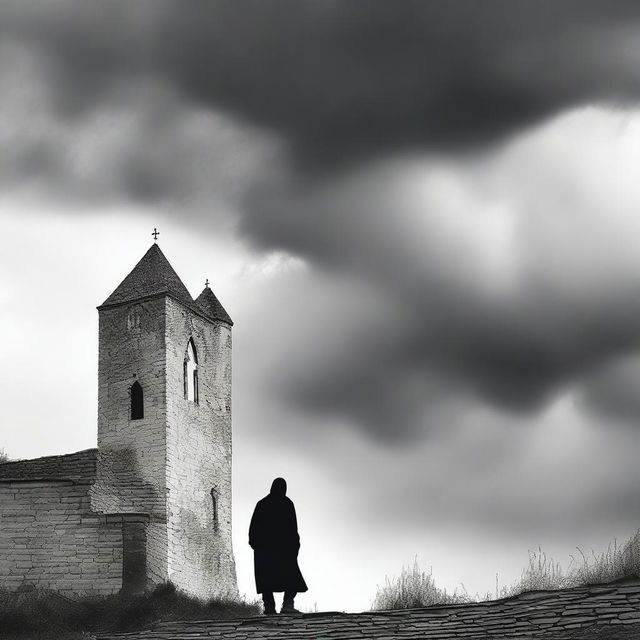 A dark black and white pop-up art image depicting the rundown fortress walls in Cluj