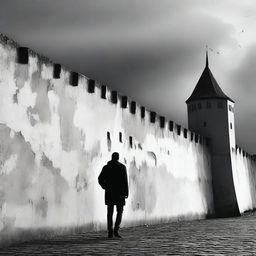 A dark black and white pop-up art image depicting the rundown fortress walls in Cluj