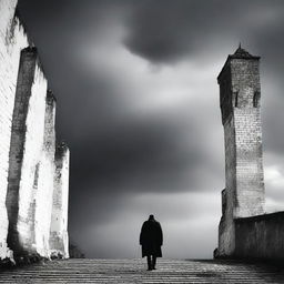 A dark black and white pop-up art image depicting the rundown fortress walls in Cluj