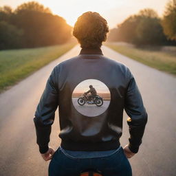 A rear view of a man in a sporty posture, wearing a coach jacket with an image of a Caferacer, riding a Caferacer motorcycle on a tranquil open road surrounded by a relaxing sunrise scenery.