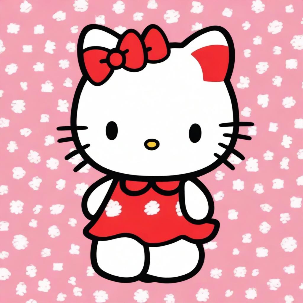 A classic depiction of Hello Kitty, featuring her iconic white fur, red bow, and cute dress