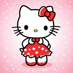 A classic depiction of Hello Kitty, featuring her iconic white fur, red bow, and cute dress