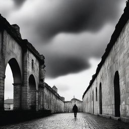 A dark black and white abstract art image depicting rundown fortress walls on each side in Cluj