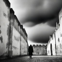 A dark black and white abstract art image depicting rundown fortress walls on each side in Cluj