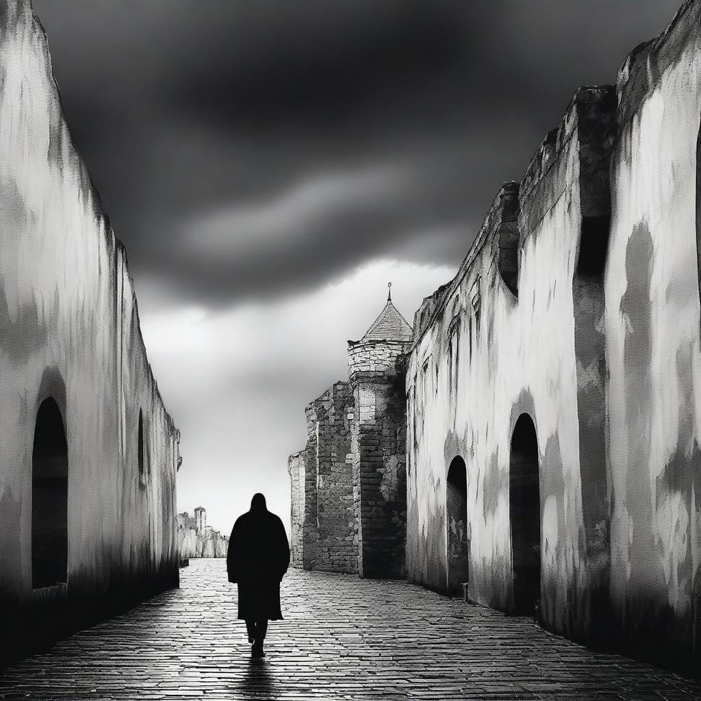 A dark black and white abstract art image depicting rundown fortress walls on each side in Cluj