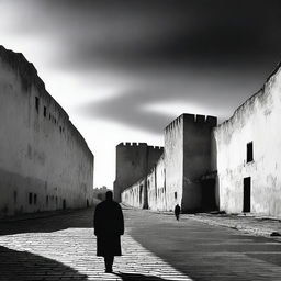 A dark black and white abstract art image depicting rundown fortress walls on each side in Cluj