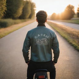 A rear view of a man in a sporty posture, wearing a coach jacket with an image of a Caferacer, riding a Caferacer motorcycle on a tranquil open road surrounded by a relaxing sunrise scenery.