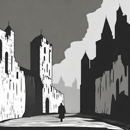 A dark black and white abstract animated image depicting rundown fortress walls on each side in Cluj on a semi-cloudy day