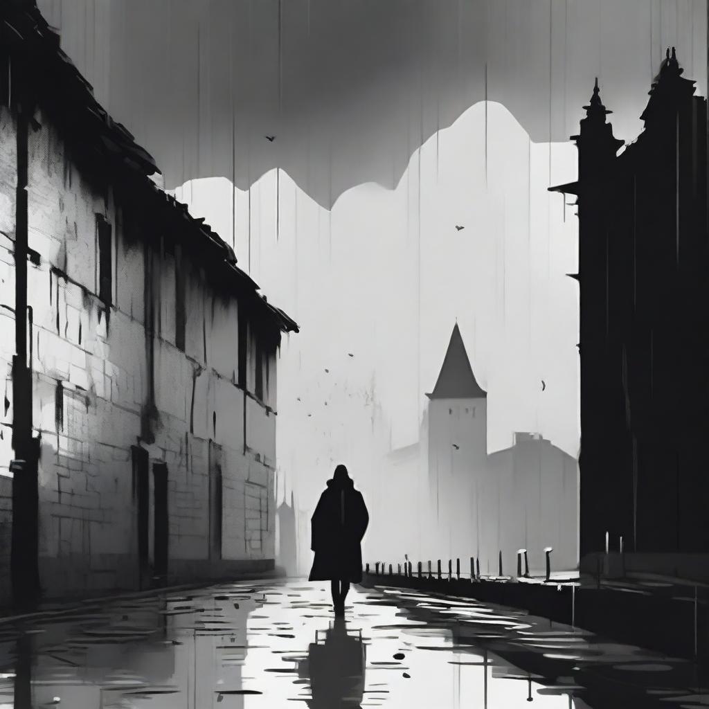 A dark and abstract animated scene set in Cluj featuring rundown fortress walls on each side