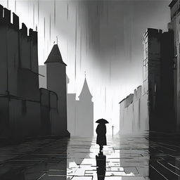 A dark and abstract animated scene set in Cluj featuring rundown fortress walls on each side