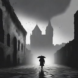 A dark and abstract animated scene set in Cluj featuring rundown fortress walls on each side