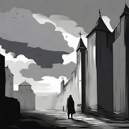 A dark black and white abstract animated scene set in Cluj, featuring rundown fortress walls on each side