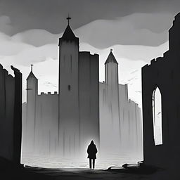 A dark black and white abstract animated scene set in Cluj, featuring rundown fortress walls on each side