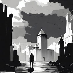 A dark black and white abstract animated scene set in Cluj, featuring rundown fortress walls on each side