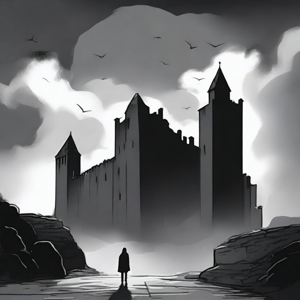 A dark black and white abstract animated scene set in Cluj, featuring rundown fortress walls on each side