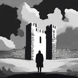 A dark black and white abstract animated image depicting rundown fortress walls on each side in Cluj under brooding clouds