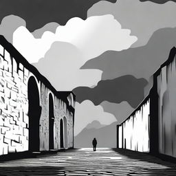 A dark black and white abstract animated image depicting rundown fortress walls on each side in Cluj under brooding clouds