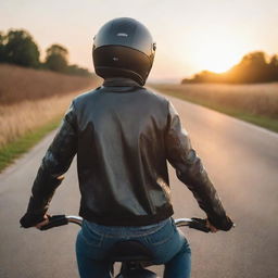 A rear view of a man in a sporty posture, wearing a coach jacket with a Caferacer image and a helmet, as he continues to ride his Caferacer motorcycle on a serene open road under the relaxing sunrise.