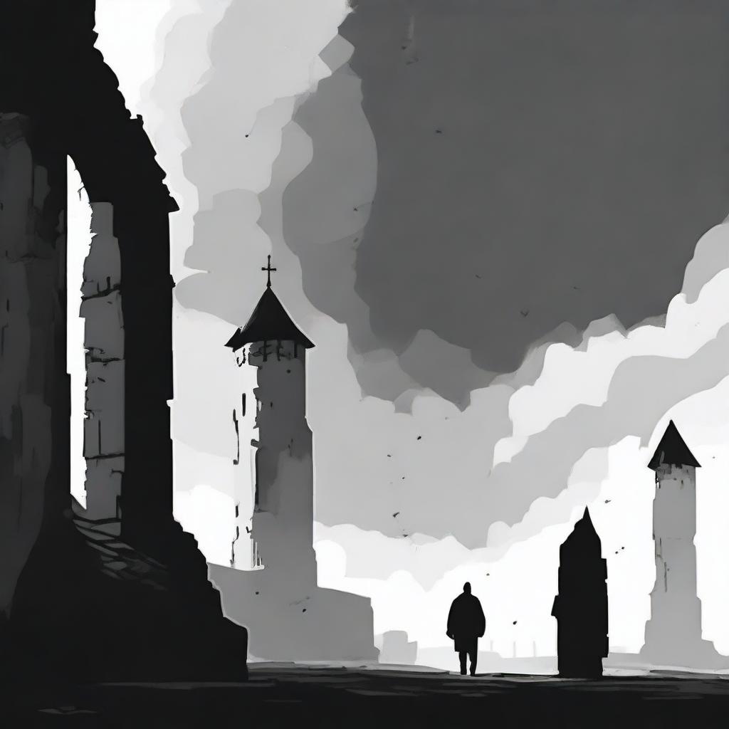 A dark black and white abstract animated image depicting rundown fortress walls on each side in Cluj under brooding clouds