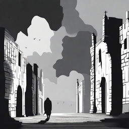 A dark black and white abstract animated image depicting rundown fortress walls on each side in Cluj under brooding clouds